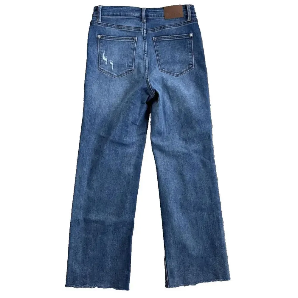 Judy Blue Womens 7/28 Jeans 90's Straight Raw Hem Distressed Stretch Medium Wash - Picture 3 of 7